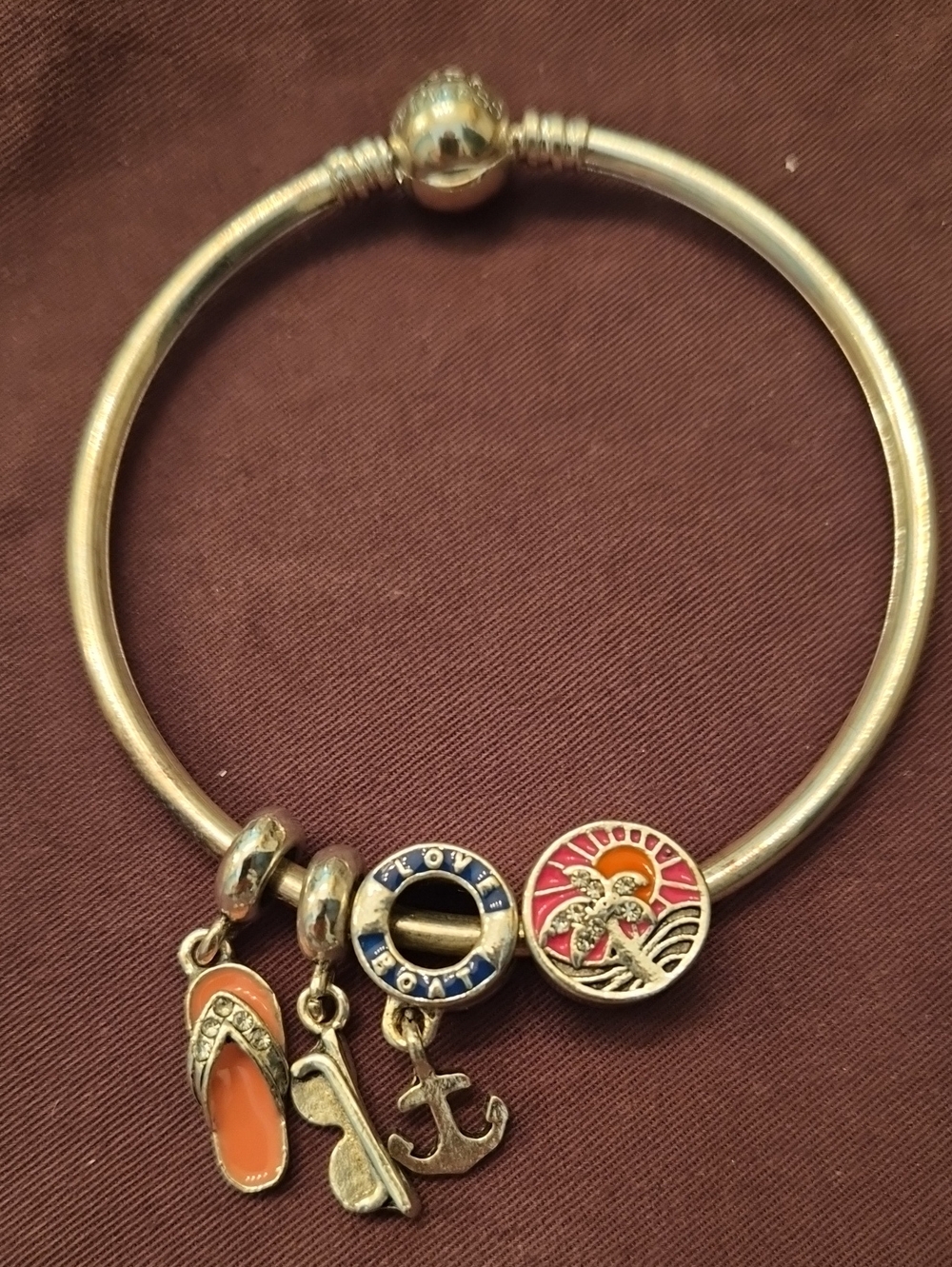 Fashion Jewelry Silver-Tone Charm Bangle with Orange and Blue Accents